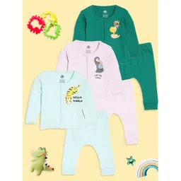 The Mom Store Cotton Knit Pack Of 3 Full Sleeves Animals Printed Shirts & Pajamas Set - Multi Colour-image-15
