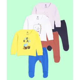 The Mom Store Cotton Knit Pack Of 3 Full Sleeves Dinosaur & Typography Printed Night Suit Set - Multi Colour-image-44