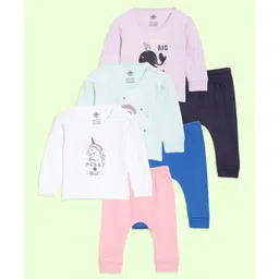 The Mom Store Cotton Knit Pack Of 3 Full Sleeves Unicorn & Typography Printed Night Suit Set - Multi Colour-image-38