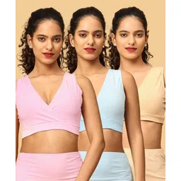 The Mom Store Cotton Knit Pack Of 3 Solid Maternity Nursing Sleep Bras - Beige Blue & Pink-picture-21