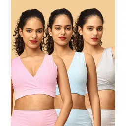 The Mom Store Cotton Knit Pack Of 3 Solid Maternity Nursing Sleep Bras - Grey Pink & Blue-picture-18