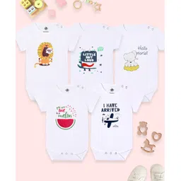 The Mom Store Cotton Knit Pack Of 5 Half Sleeves Aeroplane & Typography Printed Onesies - White-picture-35