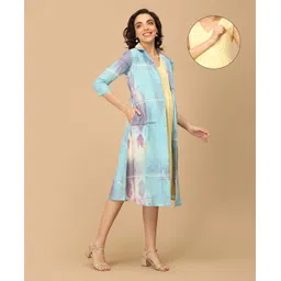 The Mom Store Cotton Knit Solid Maternity & Nursing Dress With Three Fourth Sleeves Tie Dye Shacket - Multi Colour-picture-11