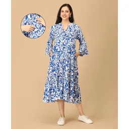 The Mom Store Cotton Knit Three Fourth Bell Sleeves Floral Printed Maternity Dress With Side Zipper Nursing Access - Multi Colour-picture-43