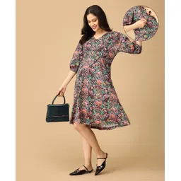 The Mom Store Cotton Knit Three Fourth Puffed Sleeves Floral Printed Maternity Dress With Nursing Access - Multi Colour-picture-44