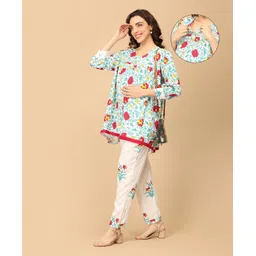 The Mom Store Cotton Knit Three Fourth Sleeves Floral Swirl Printed Maternity Kurta With Nursing Access & Coordinating Pant - Multi Colour-picture-34