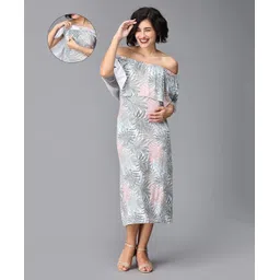 The Mom Store Cotton Lycra Off Shoulder Tropical Theme Printed Maternity Dress With Nursing Access - White-picture-27
