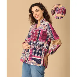 The Mom Store Cotton Lycra Three Fourth Sleeves Floral Printed Maternity Shirt Style Top With Nursing Access - Multi Colour-picture-32