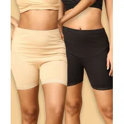 The Mom Store Cotton Pack Of 2 Solid High Waist Maternity Shorts - Black & Beige-picture-32