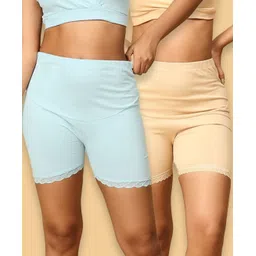 The Mom Store Cotton Pack Of 2 Solid High Waist Maternity Shorts - Blue & Beige-picture-38
