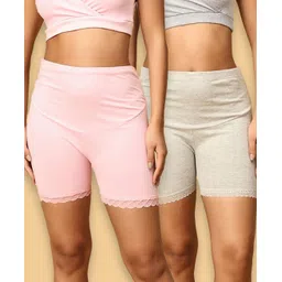 The Mom Store Cotton Pack Of 2 Solid High Waist Maternity Shorts - Grey & Pink-picture-36