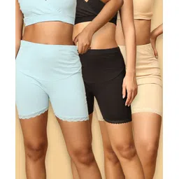 The Mom Store Cotton Pack Of 3 Solid High Waist Maternity Shorts -Beige Black & Blue-picture-30