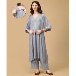 The Mom Store Cotton Rayon Three Fourth Balloon Sleeves Zipper Nursing Access Detailed Abstract Printed Maternity Kurta & Pant Set - Grey-picture-20
