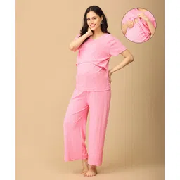 The Mom Store Cotton Spandex Knit Half Sleeves Solid Coordinating Maternity Night Suit Set With Nursing Access - Pink-picture-19