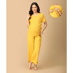 The Mom Store Cotton Spandex Knit Half Sleeves Solid Coordinating Maternity Night Suit Set With Nursing Access - Yellow-picture-26