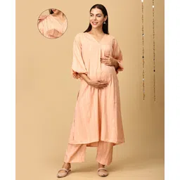 The Mom Store Cotton Three Fourth Balloon Sleeves Abstract Printed Maternity Kurta With Nursing Access & Pant - Peach-picture-19