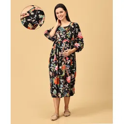 The Mom Store Cotton Three Fourth Balloon Sleeves Floral Printed Maternity Dress With Nursing Access - Multi Colour-picture-14