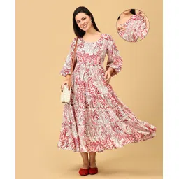 The Mom Store Cotton Three Fourth Balloon Sleeves Floral Printed Maternity Dress With Nursing Access - Multi Colour image 1