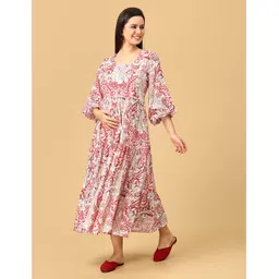 The Mom Store Cotton Three Fourth Balloon Sleeves Floral Printed Maternity Dress With Nursing Access - Multi Colour image 4