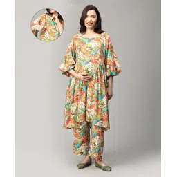 The Mom Store Cotton Three Fourth Balloon Sleeves Floral Printed Maternity Kurta With Nursing Access & Pant Set - Multi Colour-picture-12