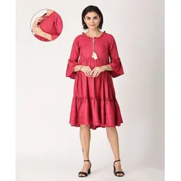 The Mom Store Cotton Three Fourth Bell Sleeves Solid Layered Maternity Dress With Nursing Access - Maroon-picture-15