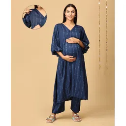 The Mom Store Cotton Three Fourth Sleeves Abstract Printed Maternity Kurta & Pant Set With Nursing Access - Navy Blue-picture-26