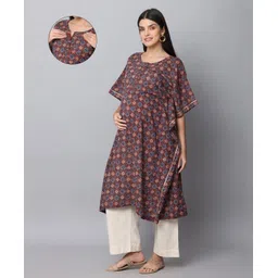 The Mom Store Cotton Three Fourth Sleeves Abstract Printed Maternity Kurta With Nursing Access & Pant Set - Maroon-picture-30