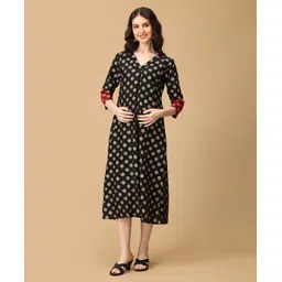 The Mom Store Cotton Three Fourth Sleeves Floral Foil Printed Maternity Dress With Nursing Access - Black-picture-25