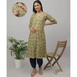The Mom Store Cotton Three Fourth Sleeves Floral Printed & Striped Maternity Kurta With Nursing Access & Pant Set - Olive Green-picture-27