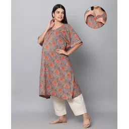 The Mom Store Cotton Three Fourth Sleeves Leaves Printed Maternity Kurta With Nursing Access & Pant Set - Grey-picture-28