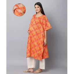 The Mom Store Cotton Three Fourth Sleeves Leaves Printed Maternity Kurta With Nursing Access & Pant Set - Orange-picture-29
