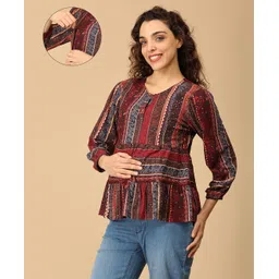 The Mom Store Cotton Three Fourth Sleeves Striped & Cheetah Printed Maternity & Nursing Top - Multi Colour-picture-22