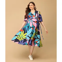 The Mom Store Cotton Woven Half Sleeves Leaves Printed Maternity & Nursing Wrap Dress - Multi Colour-picture-12