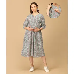The Mom Store Cotton Woven Three Fourth Sleeves Chevron Printed Maternity Dress With Side Zipper Nursing Access - Multi Colour-picture-39