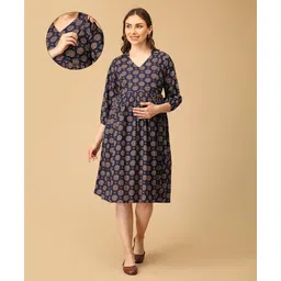 The Mom Store Cotton Woven Three Fourth Sleeves Floral Motifs Printed Maternity Dress With Side Zipper Nursing Access - Multi Colour-picture-38
