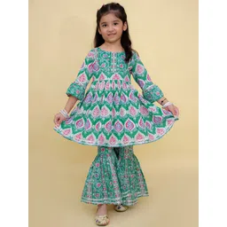 The Mom Store Girls Ethnic Motifs Printed Gotta Patti Pure Cotton Kurta With Sharara image 1