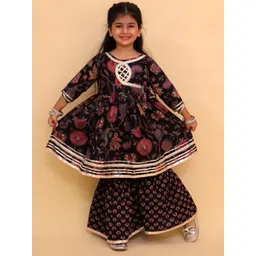The Mom Store Girls Floral Printed Regular Gotta Patti Pure Cotton Kurta with Sharara-picture-11