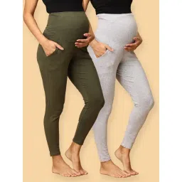 The Mom Store Grey & Olive Cotton Plain Maternity Leggings (Pack of 2)-picture-27