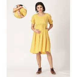 The Mom Store Half Puffed Sleeves Polka Dots Printed Maternity Dress With Concealed Zipper Nursing Access - Yellow-picture-24