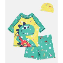 The Mom Store Half Raglan Sleeves Dinosaur Printed Tee & Shorts Swim Set With Cap - Multi Colour-picture-24