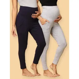 The Mom Store Navy Blue & Grey Cotton Plain Maternity Leggings (Pack of 2)-picture-33