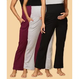 The Mom Store Pack Of 3 Cotton Spandex Solid Maternity Track Pants - Grape Grey & Black-picture-23