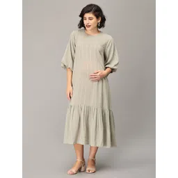 The Mom Store Striped Puff Sleeves Tiered Maternity A-Line Midi Dress-picture-19