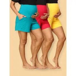 The Mom Store Teal: Yellow & Magenta Cotton Solid Shorts Pack Of - 3-picture-16