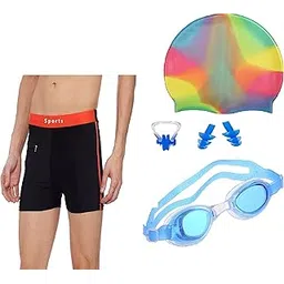 THE MORNING PLAY Men Swimming Costume Free Size (33INCH-36INCH) Goggles Cap 2 EARPLUG Nose Clip Swim Kit (Rainbow)-picture-30