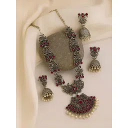The Pari Silver-Plated Stone Studded & Pearl Beaded Jewellery Set-picture-31