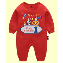 The Peppy Tend 100% Cotton Full Sleeves Its My 1st Birthday Text Printed Romper - Red-image-24