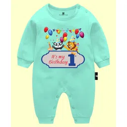 The Peppy Tend 100% Cotton Full Sleeves Its My 1st Birthday Text Printed Romper - Sea Green-image-2