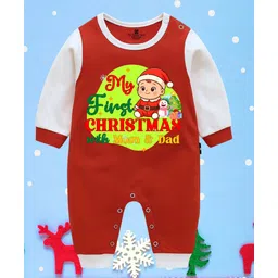 The Peppy Tend 100% Cotton Knit Christmas Theme Raglan Full Sleeves My First Christmas With Mom & Dad Text Printed Romper - Red & White-picture-35