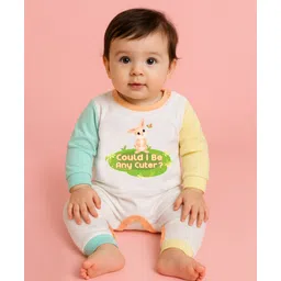 The Peppy Tend 100% Cotton Knit Full Sleeves Could I Be Any Cuter Text & Bunny Printed Romper - Multi Colour-image-42